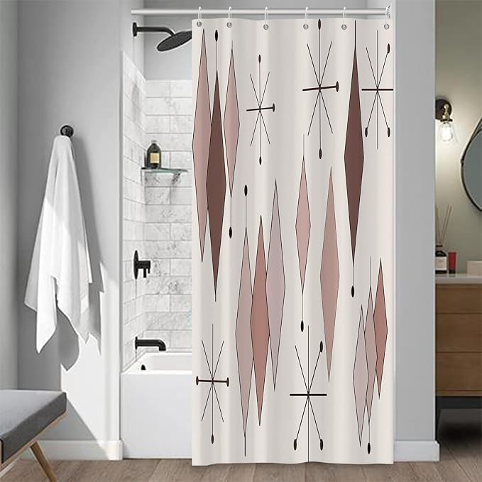 Mid Century Shower Curtain Abstract Light Brown Diamond Geometric Atomic Starburst Pattern Beige Backdrop for 1950s Retro Bathroom Decor Shower Curtain Set with 12 Hooks, 36x72 Inches