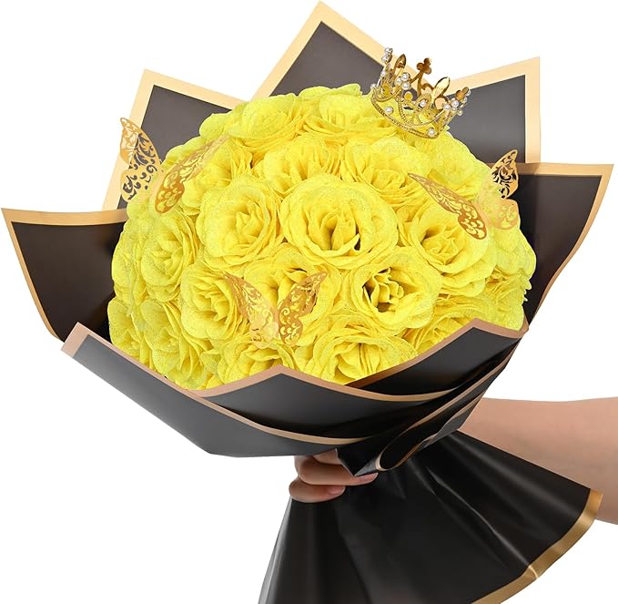 Waipfaru Glitter Roses Bouquet, DIY Fake Flowers Bouquet, Yellow Artificial Flower for Mothers Day Gifts, Valentines, Anniversary, Engagement, Wedding, 36 Pcs