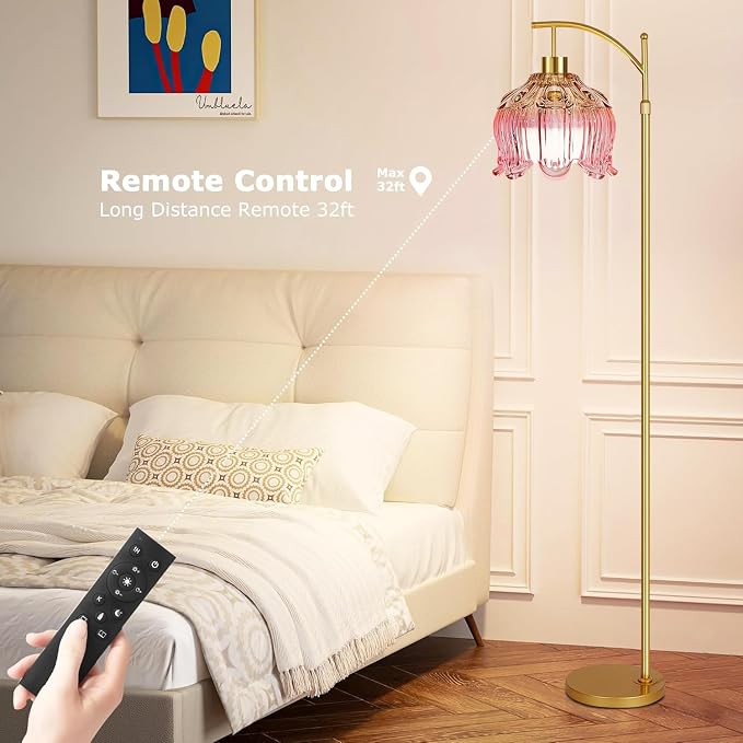 QIYIZM Pink Floor Lamp for Living Room,Bedroom,Glass Gold Dimmable Standing Lamp with Remote,Mid Century Modern Brass Tall Lamp Boho Floor Lamps Arc Stained Tulip Flower Floor Light Lamp Bohemian