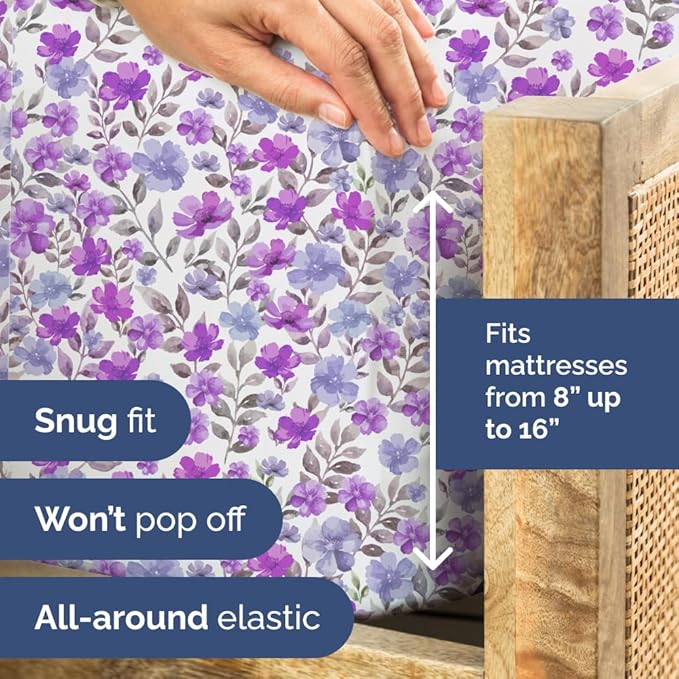 Floral Sheets - Purple Floral Bed Sheet Set - 1 Flat, 1 Fitted & 2 Pillowcases w/ Deep Pockets - Comfy, Wrinkle & Fade Free Boho Botanical Bedding - Ultra-Soft, Breathable & Cooling - Queen Size New