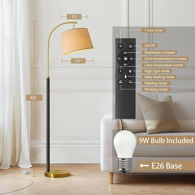 63" Wood Floor Lamp for Living Room Dimmable Standing Lamp with Remote & Foot Switch, 3 Color Temperatures Tall Lamp Mid Century Modern Floor Lamp for Bedroom Office, 9W Bulb Included, Wood Black