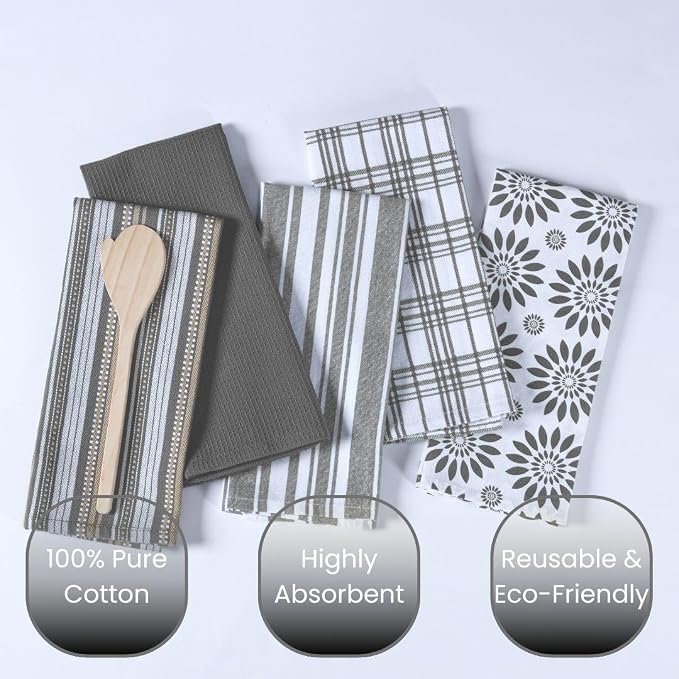 Assorted Kitchen Towels - Grey Kitchen Towels, Set of 5, 16x26 in - Absorbent 100% Cotton Dish Towels with Hanging Loop - Waffle Weave Tea Towels for Drying Dishes, Glassware & Counters