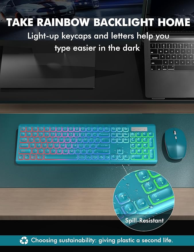 Wireless Keyboard and Mouse Combo, RGB Backlit, Rechargeable & Light Up Letters, Full-Size, Soft Typing, Sleep Mode, 2.4GHz Quiet Keyboard Set for Mac, Windows, Laptop, PC, Trueque (Metallic Blue)