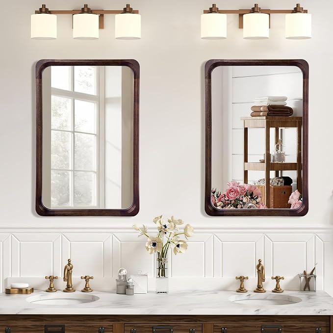 Tanmicoshomy Wood Bathroom Mirror 24 x 36 Inch, Solid Wood Framed Rectangle Mirrors with Tempered Glass for Living Room Bedroom Office or Entryway(Dark Brown)