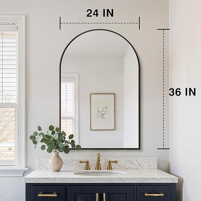 FICTOR Bathroom Mirror for Wall, Arched Vanity Bathroom Mirror for Over Sink, Metal Framed with HD Shatter-Proof Glass for Entryway, Living Room,Bedroom(24” x 36”, Black)