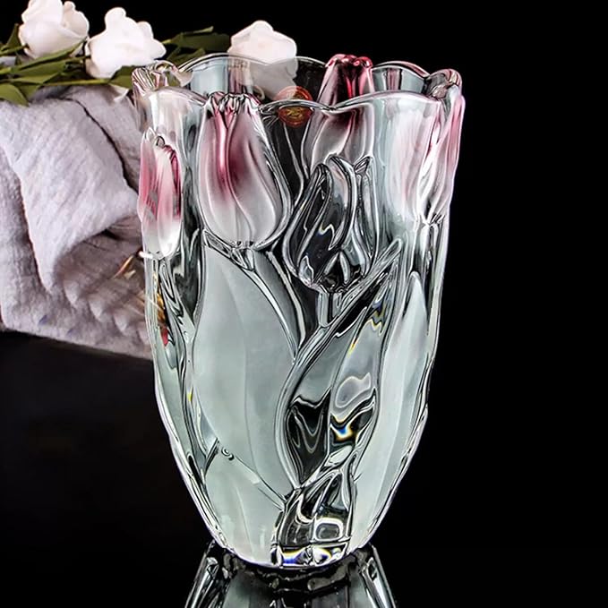Glass Flowers Vase 9.3 inch Tall, Unique Crystal Vases for Tables Centerpieces, Vintage and Tulip Shape Large Vases Christmas Thanksgiving Gifts.