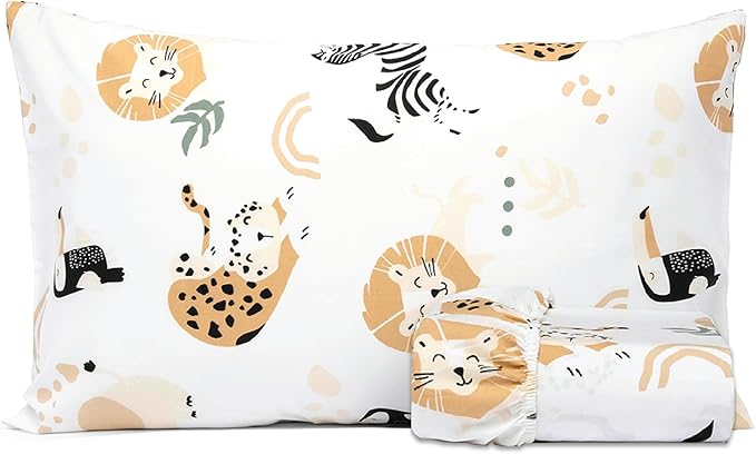 Salt Earth 100% Cotton 210TC Kids Bedsheet, Twin Fitted Sheet, Toddler Bed, 2 Piece Bedding Set- 1 Fitted Sheet and 1 Pillowcase, Themed Toddler Bed Sheets, Cute Sheets for Kids Bed (Jungle)