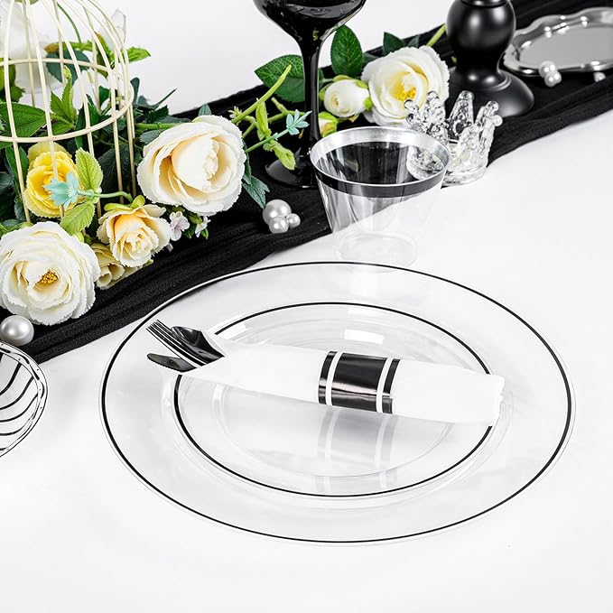 SUT 175 Pcs Black and Clear Plastic Dinnerware Set for 25 Guests, Include: 25 Dinner Plates, 25 Dessert Plates, 25 Pre Rolled Napkins With Silverware, 25 Cups, Disposable Plates for Party