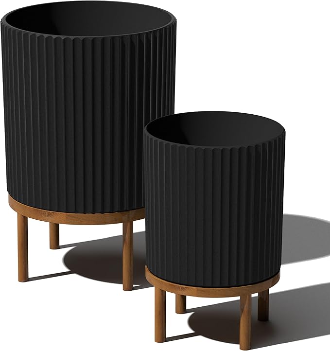 Veradek Demi Series Round Planter w/Stand for Porch/Patio | Durable Plastic-Stone Composite & Wooden Stand | Modern Décor for Tall Plants, Flowers