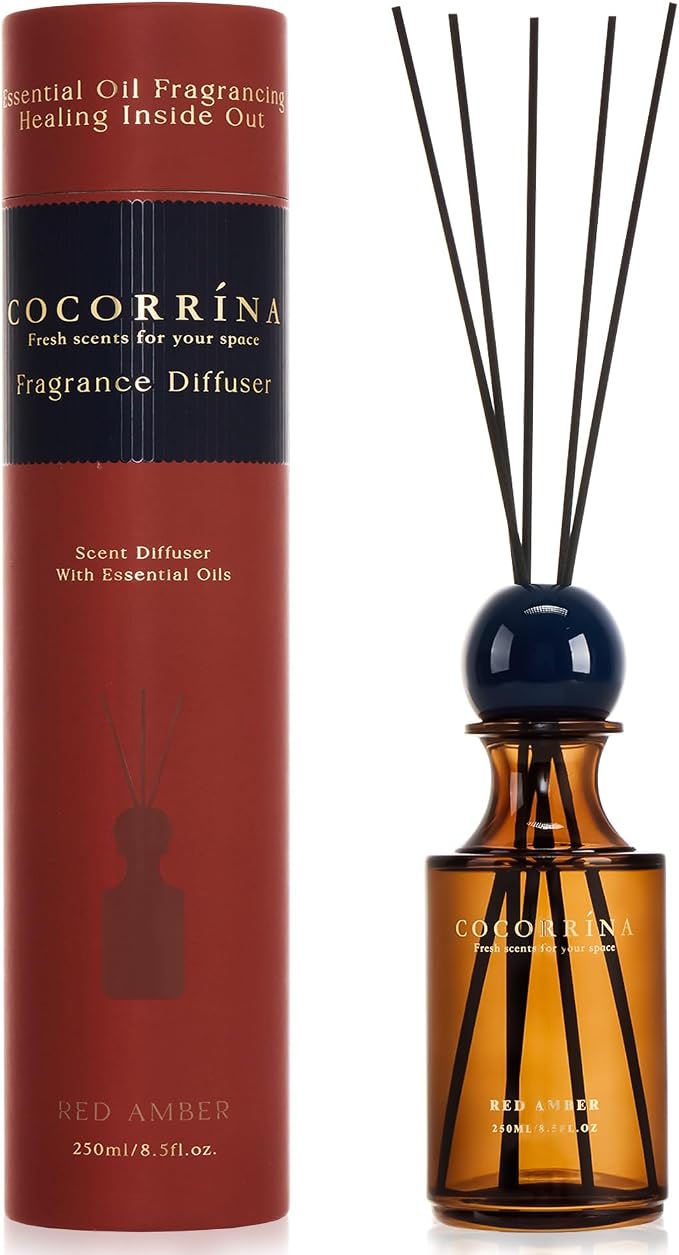 COCORRÍNA Red Amber Reed Diffuser 8.5 oz, Home Fragrance Oil Diffuser with 6 Reed Sticks, Long-Lasting Scent for Bathroom, Bedroom & Home Décor
