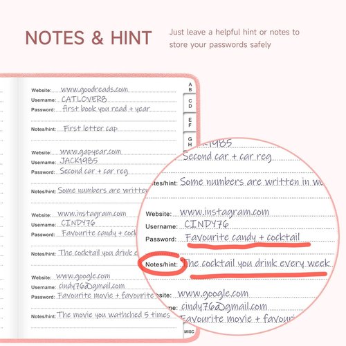 Password Book with Alphabetical Tabs | Hardcover Password Organizer & Internet Address Keeper - 5.2 x 7.6 Inches (Pink)