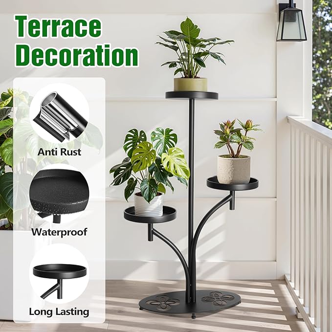 3 Tier Metal Plant Stand Indoor Outdoor, Tall Black Plant Shelf, Heavy-duty Base in the Shape of a Four-leaf Clover, Tiered Modern Corner Shelf, Suitable for Courtyard, Patio, Living Room, Bedroom