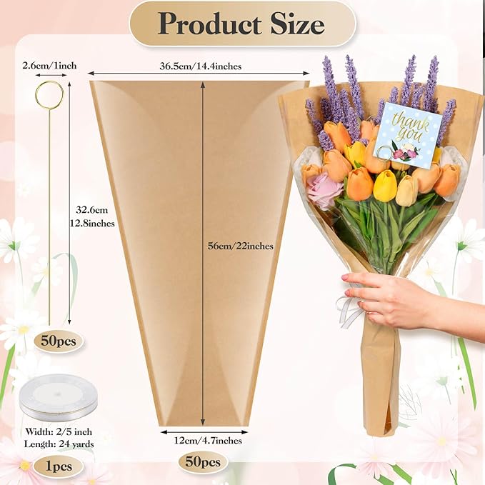 cridoz 50 PCS Flower Wrapping Paper Sleeves for Bouquets with 50 PCS Floral Card Holder Picks and Ribbons, Kraft Bouquet Bags for Flower Bar, Mother's Day, Graduation, Valentine, 22 x 14 Inches