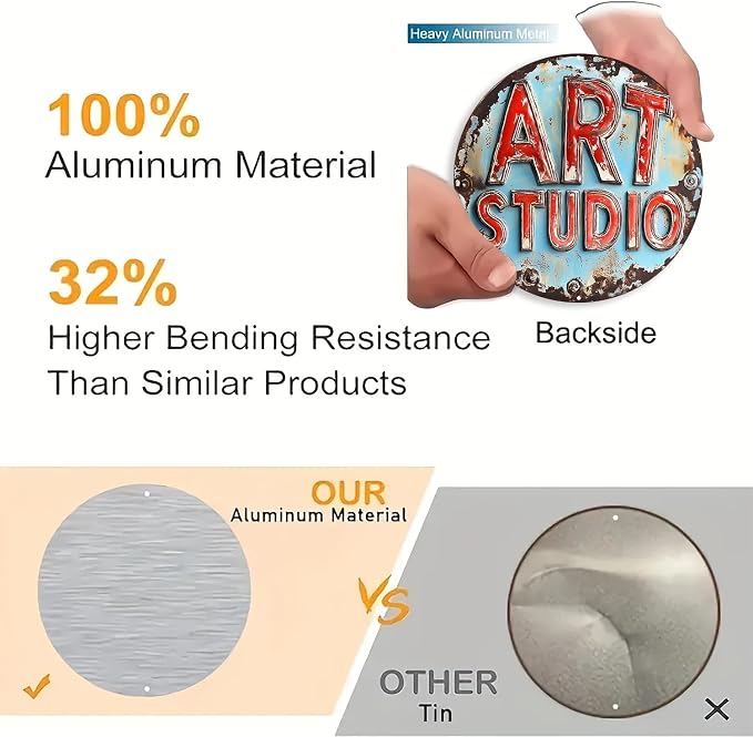 Room Decor 1pc Vintage Art Studio Metal Sign, Frameless Aluminum Wall Decor, 8x8 inches, Waterproof & Weather Resistant, with Pre-Drilled Holes for Easy Mounting, Living Room, Garage