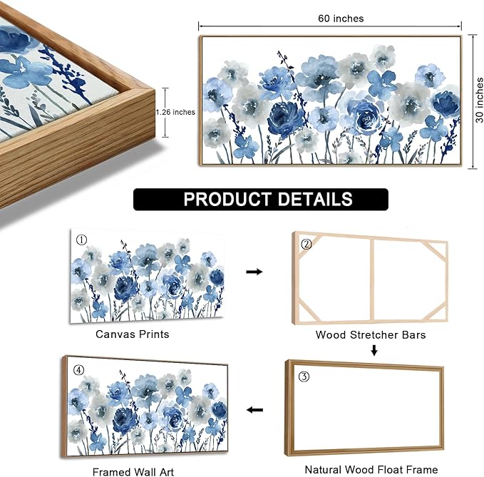 Framed Flowers Canvas Wall Art - Indigo Floral Canvas Pictures Living Room Wall Decor Botanical Canvas Prints Painting Abstract Artwork Bedroom Office Home Decor 29"x 58"