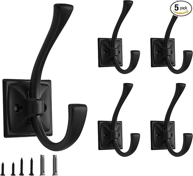 5 Pack Decorative Heavy Duty Towel Hooks for Hanging Robe Double Matte Black Coat Hooks Wall Mounted with Screws for Key, Towel, Bags, Cup, Hat