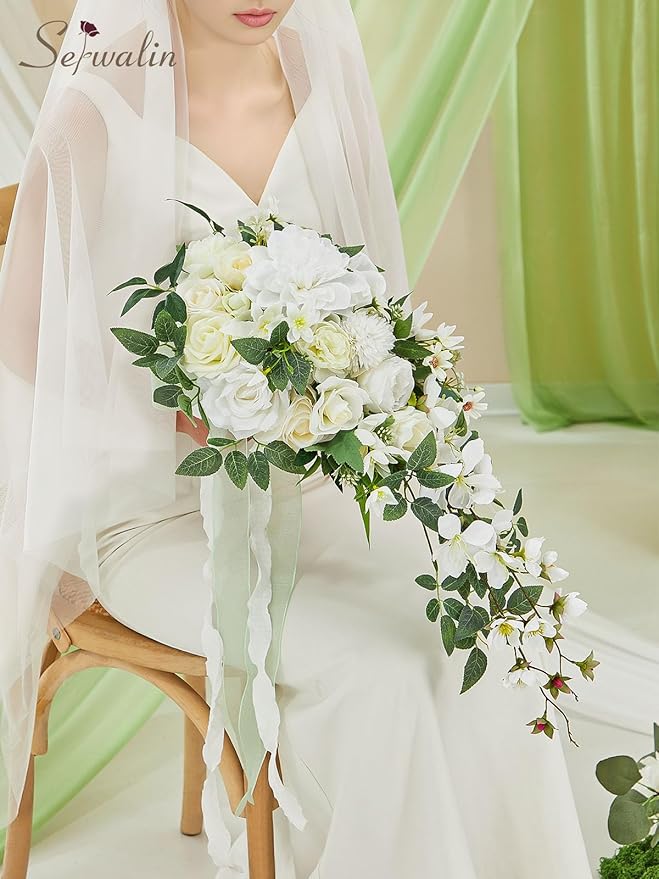 Serwalin 11Inch Bridal Bouquet White Green Wedding Bouquets for Bride Bridesmaid Artificial Wedding Flowers for Wedding Ceremony Anniversary