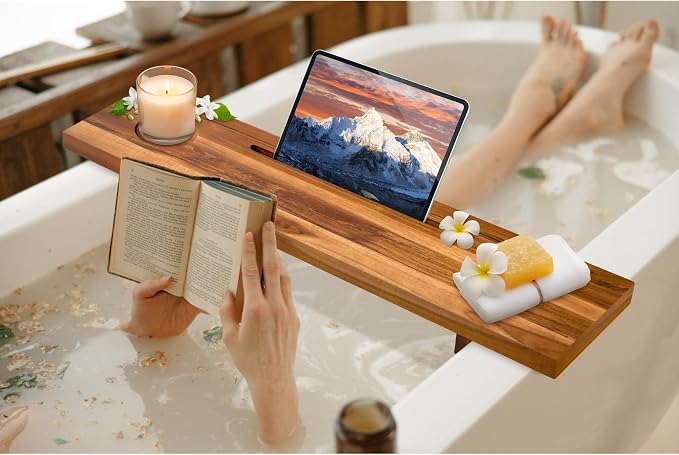 Bathtub Tray for Standard Tubs – 29" Adjustable Teak Wood Bath Caddy | Anti-Tip, Non-Toxic, Waterproof, Sustainable Bath Tray Organizer for Relaxing Spa & Home Use