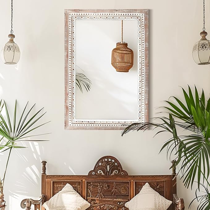 24'' Rectangular Wall Mounted Mirror, Wood Decorative Mirrors, Boho Mirrors with Beaded Frame, Rustic Vanity Mirror, Distressed Mirror for Bathroom, Living Room, Bedroom, Entryway