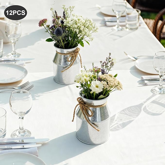 Flower Vase Decor, Farmhouse Metal Galvanized Milk Can Jug Vase with Bow, Flower Buckets for Artificial Flowers for Table Centerpiece Weddings(Silver)