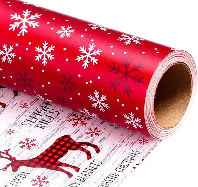 MAYPLUSS Christmas Wrapping Paper Roll, 17 Inch X 16.5 Feet Christmas Gift Wrapping Paper Featuring Reindeer Reversible Snowflake Thick Wrap Paper for Holiday Party New Year Kids