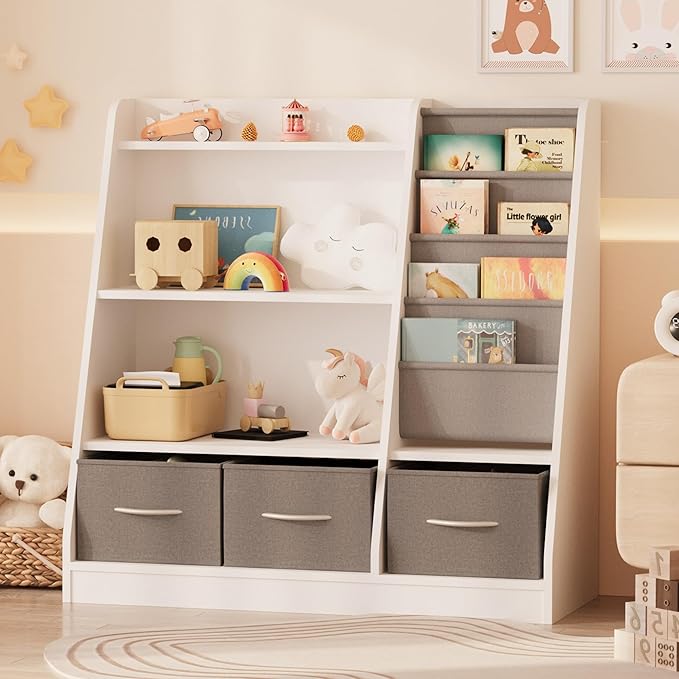 NACHES Kids Bookshelf and Toy Storage Organizer, Montessori Nursery Book Shelves with Sling Rack & Fabric Toy Bins, Children Toddler Baby Bookcase, Wooden Toy Shelf for Kids Room, Playroom, White