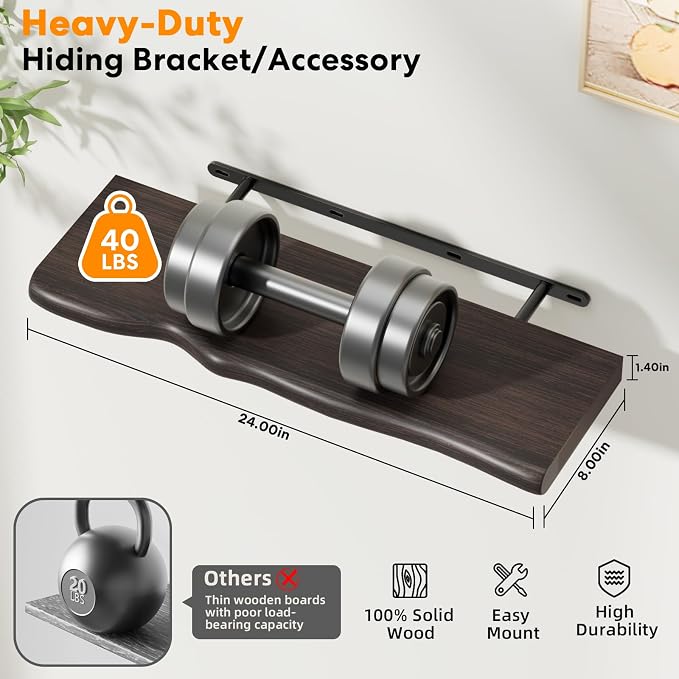 Solid Wood Live Edge Floating Shelves Set of 2 – 24" Rustic Wall Shelf with Hidden Bracket System, Wall Mounted Shelves for Bathroom, Kitchen, Living Room, Bedroom (Grey)
