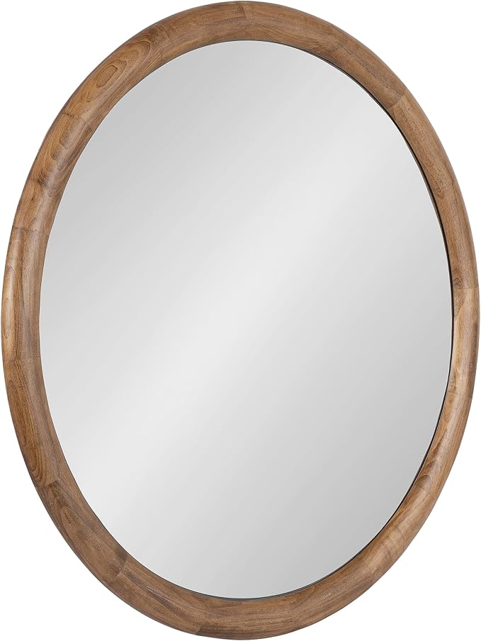 Kate and Laurel Dessa Transitional Round Wooden Wall Mirror; 32 Inch Diameter; Natural Rustic; Modern Circle Bathroom Vanity Mirror with Chunky Rounded Profile and Solid Poplar Wood Frame