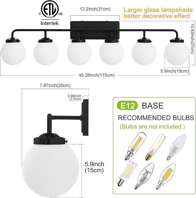 Bathroom Light Fixtures Over Mirror, 6-Light Matte Black Vanity Lighting with Milk White Glass Globe Shades Modern Wall Sconce