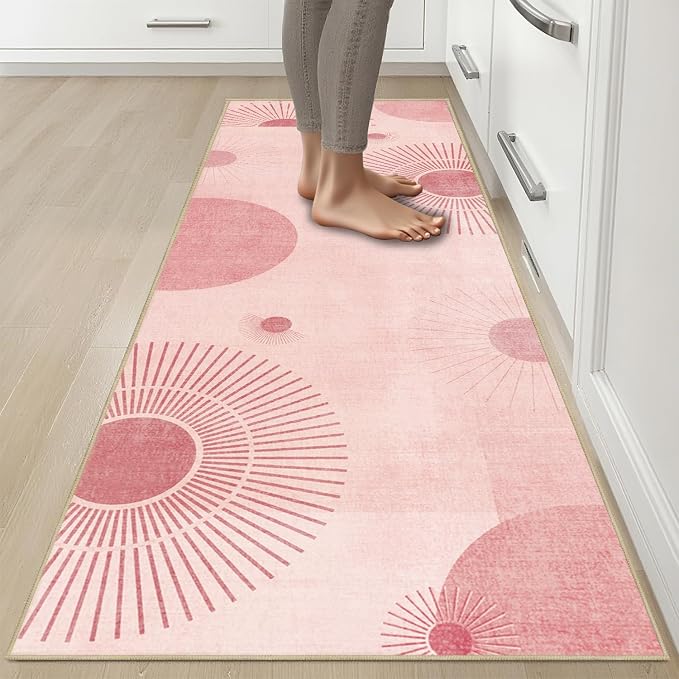 Sun Runner Rug 2x6 for Hallway Kitchen Bedroom,Mid Century Modern Runner Rugs Washable Boho Geometric Rug Non-Slip Printed Low Pile Long Floor Carpet Mat for Bedroom Laundry,Pink