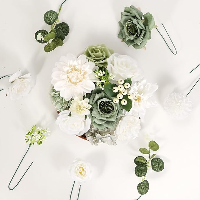 Artificial Flowers Combo Box Set Fake Flowers Dahlia White Roses Green Leaf with Stems for DIY Wedding Bouquets Baby Shower Party Home Decoration