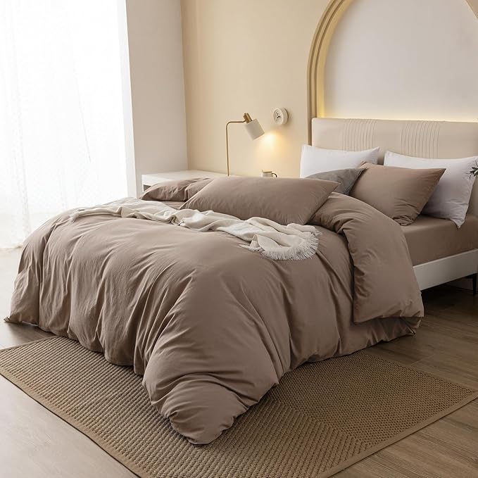 JIYUAN 100% Washed Cotton Duvet Cover Set 3 Pieces King, 1 Duvet Cover 104x90 Inches(Comforter Not Included) and 2 Pillowcases,Linen Feel Bedding Set Comfy and Breathable,Light Brown