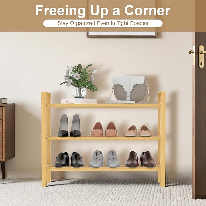 Haddockway Bamboo Shoe Rack for Closet, Free Standing Shoe Organizer with Smooth Round Rods & Convenient Handles, Stackable Shoe Storage Shelf for Entryway, Hallway(Natural, 3-Tier(Small))