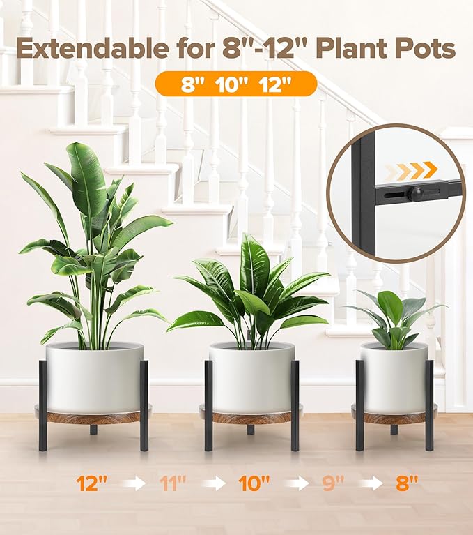 Plant Stand Indoor Adjustable with Walnut Wood Tray, Metal Modern Indoor Plant Stand, Heavy Duty Plant Stands Outdoor Corner, Stable Plant Holder, Fits 8 to 12 Inches Pots, Black, 1 Pack