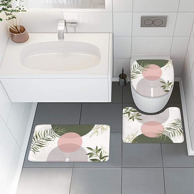 4 PCS Pink Sage Green Boho 72Wx72H Shower Curtain Set Modern Mid Century Plant Bath Rug Toilet Lid Cover Nonslip U Shape Mat Quick Dry Bathroom Decor with 12 Hooks