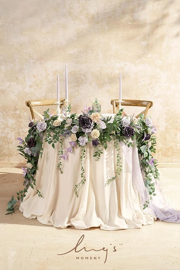 Ling's moment 9FT Eucalyptus and Willow Leaf Garland with White Flower, Handcrafted Wedding Sweetheart Table Centerpieces Head Table Decor Arch Backdrop Decorations for Wedding | Lavender Purple