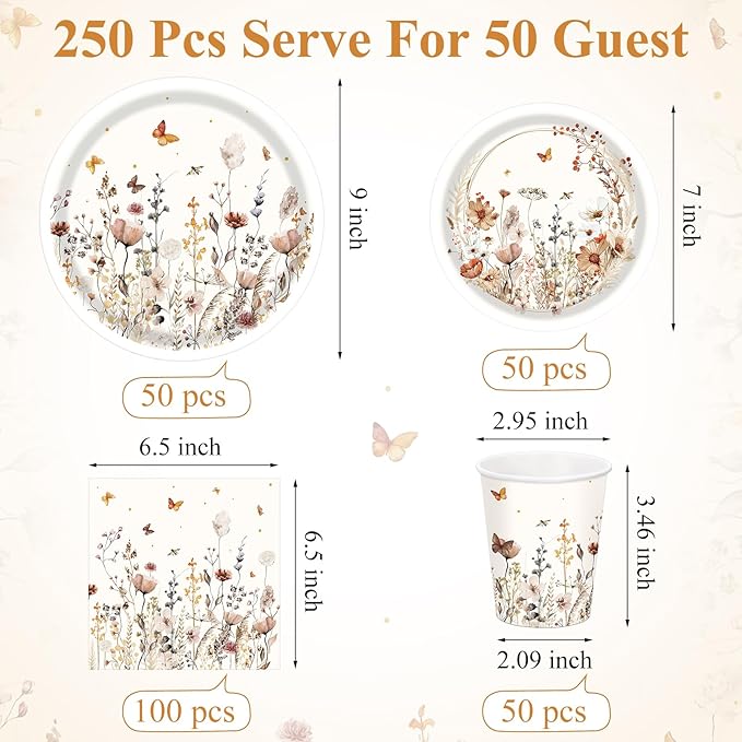 250 Pcs Wildflower Party Decorations Include Boho Autumn Fall Floral Paper Plates Napkins and Cups for Wildflower Baby Shower Tea Decorations, Serve 50 Guest