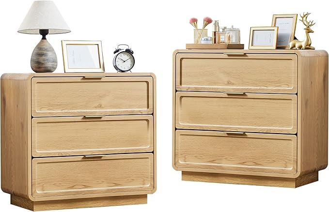 Modern Nightstand Set of 2 for Bedroom, 26'' Wide Wood 3 Drawers Bedside Table, Large Dresser w/Curved Profile Design, Side Table, End Table with Storage Drawers for Living Room, Entryway, Natural
