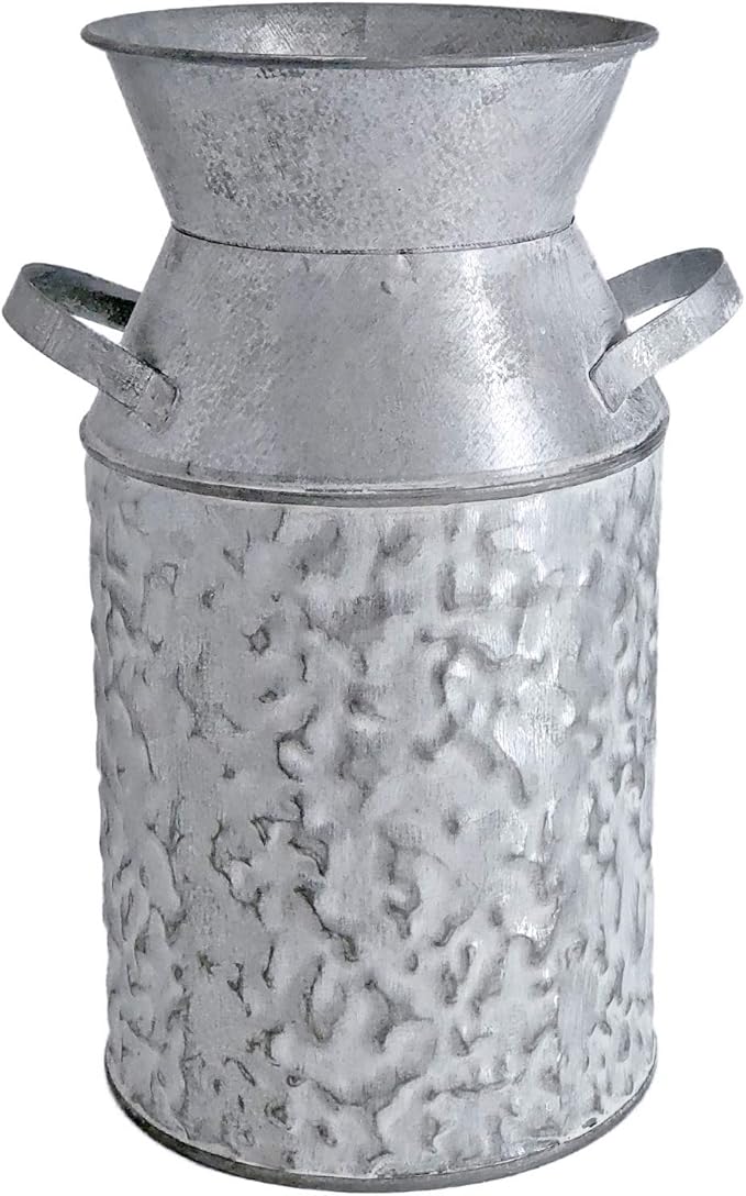 Galvanized Milk Can Antique Retro Vase Metal Planter Rustic Vintage Primitive Flower Holder Farmhouse Country Plant for Home Office Decor, 7.6”