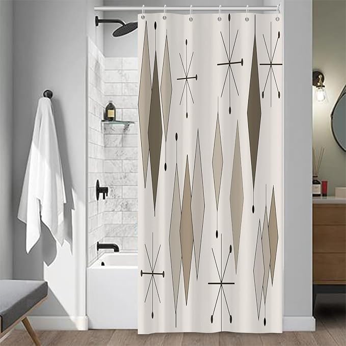Boho Light Grey Brown Shower Curtain Abstract Mid Century Diamond Geometric Atomic Starburst Pattern Beige for 1950s Retro Bathroom Decor Shower Curtain Set with 12 Hooks, 36x72 Inches