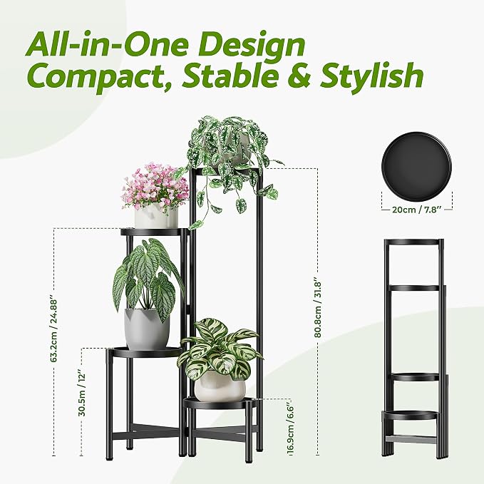 Tiered Plant Stand Indoor for Multiple Large Planter, 4 Tier Metal Corner Plant Stands Outdoor, Heavy Duty Planter Pot Holder Flower Stand, Floding Tall Display Racks for Patio Balcony Porch