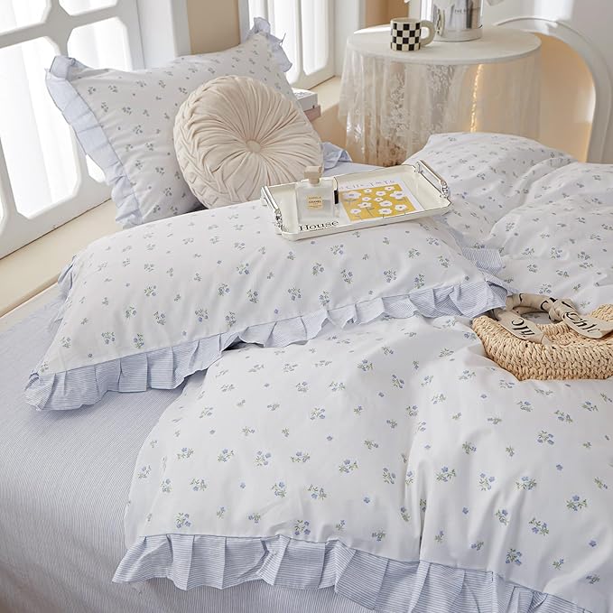 LifeTB Ruffle Duvet Cover Chic Floral Lace Duvet Cover Twin Cute Blue Flower Comforter Cover Girls Princess Lace Bedding Cover Botanical Floral Comforter Cover Ruffle Cottagecore Bedding Set Twin