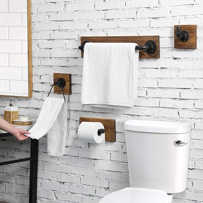 MyGift 4-Piece Bathroom Hardware Set Toilet Paper Holder with Burnt Wood and Industrial Matte Black Metal Pipe Includes, Towel Ring, Towel Bar and and Robe Hook