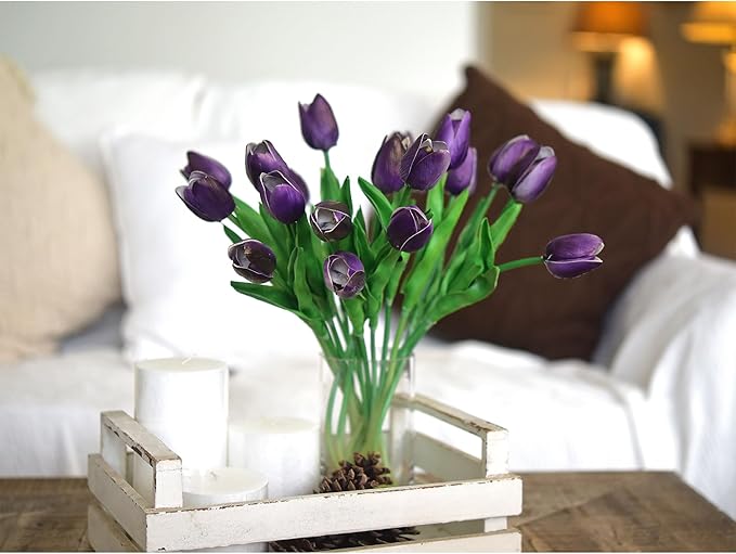 FiveSeasonStuff Real Touch Tulips Artificial Flowers – 15 Stems Faux Tulip Bouquet in Gift Box for Wedding, Home Decor, Party, Floral Arrangements (Sweet Plum Purple)