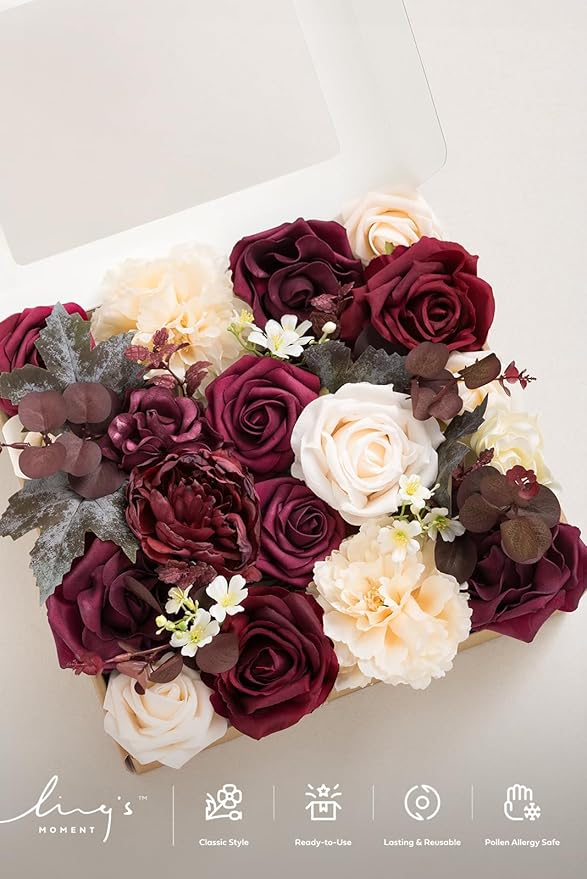 Ling's moment Burgundy Artificial Flowers and Greenery Combo Box Set, Marsala & Cream Fake Flower for DIY Wedding Bridal Bouquet, Centerpieces Decor, Floral Arrangement Decor, etc.