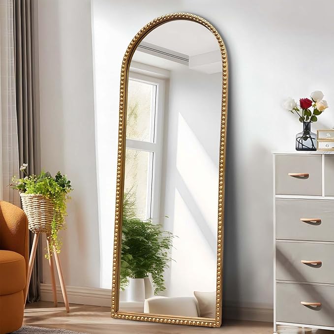 Gold Arched Full Length Mirror，Standing Floor Full Body Mirror with Beaded Frame Hanging or Leaning Wall 53"X20" Full Length Wall Mounted Mirror for Dressing Room Bedroom Entryway