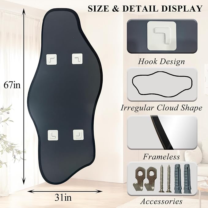 Irregular Mirror Full Length, 67"x31" Asymmetrical Tempered Glass Mirrors, Modern Large Organic Frameless Mirrors for Entryway Hallway Bedroom Living Room, Horizontal or Vertical Hanging