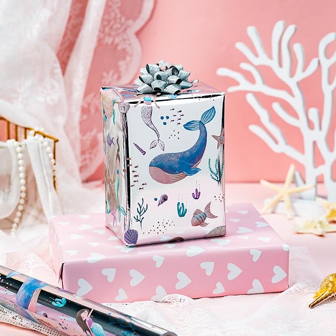 Homeral Mermaid Wrapping Paper Roll, Reversible Gift Wrap with Metallic Foil Whale, Turtle, Shell, Ocean Themed with Pink Heart for Girl Birthday, Baby Shower - Mini Roll - 17 Inch x 16.5 Feet