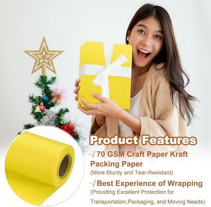 PATIKIL Wrapping Paper, 15" x 394"(33') 70 GSM Craft Paper Roll Kraft Packing Paper for Poster Bulletin Board, Gift Wrapping, Yellow