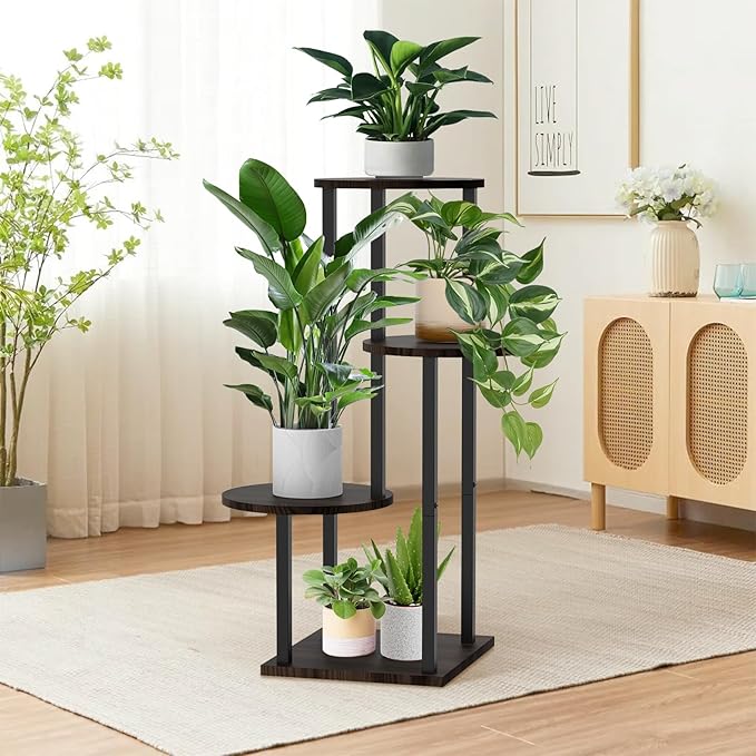 4 Tier Plant Stand Indoor, Metal Wooden Tall Plant Shelf Flower Pot Stand for Multiple Plants, Corner Flower Holder Plant Display Rack for Living Room Balcony Patio Garden (Black)